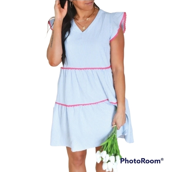 Andree By Unit Blue And White Pinstriped Pink Trim Ruffle Sleeve Baby Doll Dress - Picture 8 of 8